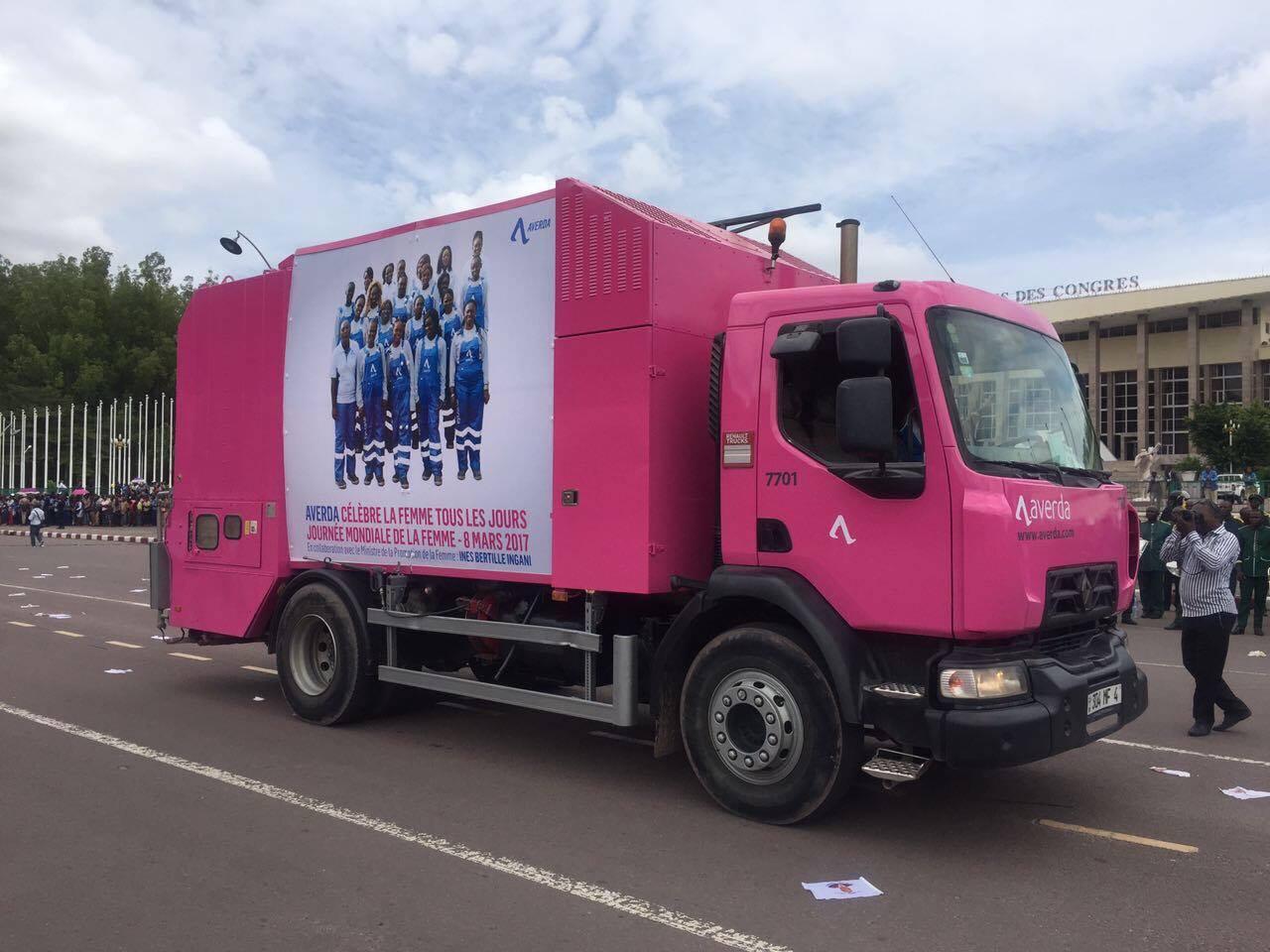 Pink garbage truck